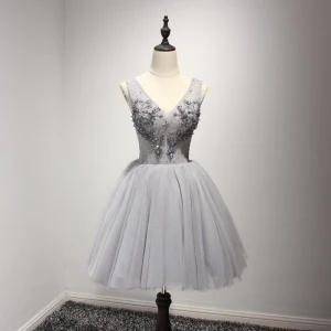 Chic Beautiful Grey Party Dresses 2017 Cascading Ruffles Short Ball Gown Shoulders V Neck Sleeveless Backless Beading Sequins Rhinestone Appliques Flower Formal Dresses
