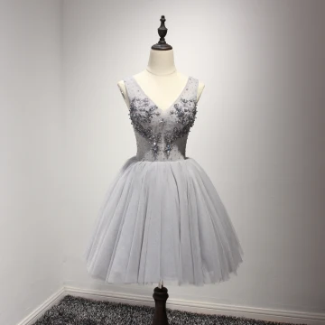 Chic Beautiful Grey Party Dresses 2017 Cascading Ruffles Short Ball Gown Shoulders V Neck Sleeveless Backless Beading Sequins Rhinestone Appliques Flower Formal Dresses