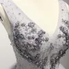 Chic / Beautiful Grey Party Dresses 2017 Cascading Ruffles Short Ball Gown Shoulders V-Neck Sleeveless Backless Beading Sequins Rhinestone Appliques Flower Formal Dresses