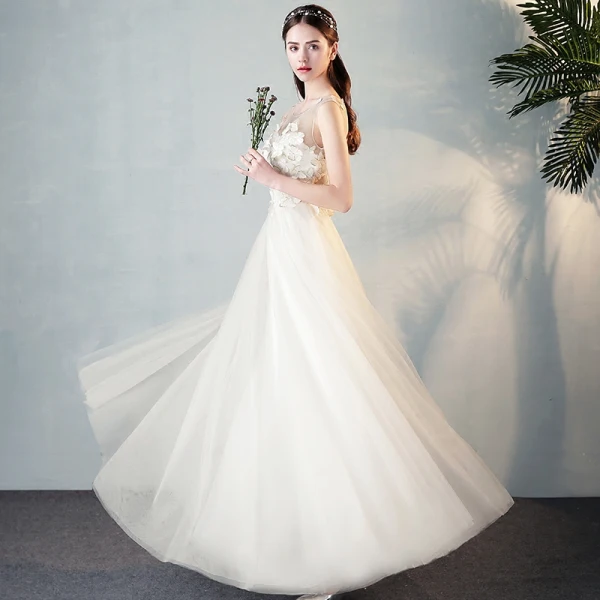 Moderne / Mode Ivoire Transparentes Robe De Soirée 2018 Princesse Encolure Dégagée 3/4 Manches Papillon Appliques En Dentelle Longue Volants Robe De Ceremonie