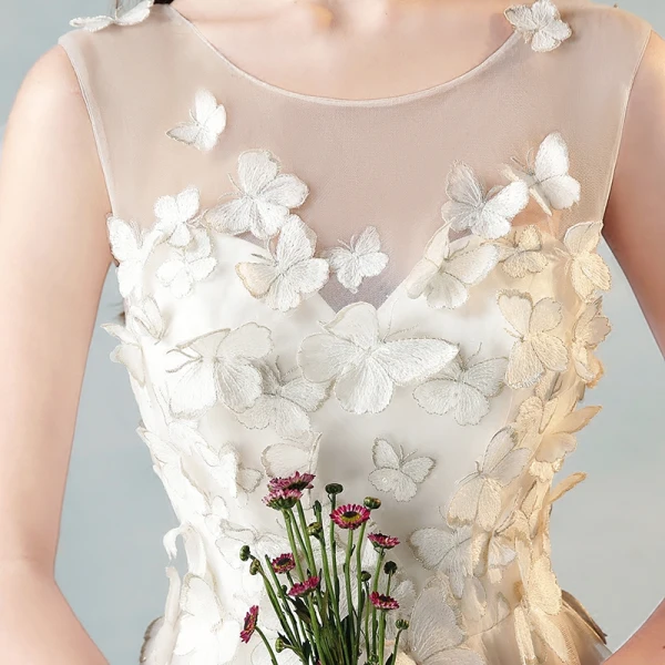 Moderne / Mode Ivoire Transparentes Robe De Soirée 2018 Princesse Encolure Dégagée 3/4 Manches Papillon Appliques En Dentelle Longue Volants Robe De Ceremonie