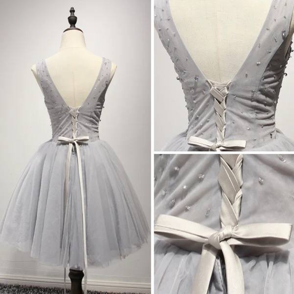 Chic / Belle Gris Robe De Fete 2017 Volants en Cascade Courte Robe Boule épaules V-Cou Sans Manches Dos Nu Perlage Paillettes Faux Diamant Appliques Fleur Robe De Ceremonie