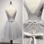 Chic / Belle Gris Robe De Fete 2017 Volants en Cascade Courte Robe Boule épaules V-Cou Sans Manches Dos Nu Perlage Paillettes Faux Diamant Appliques Fleur Robe De Ceremonie