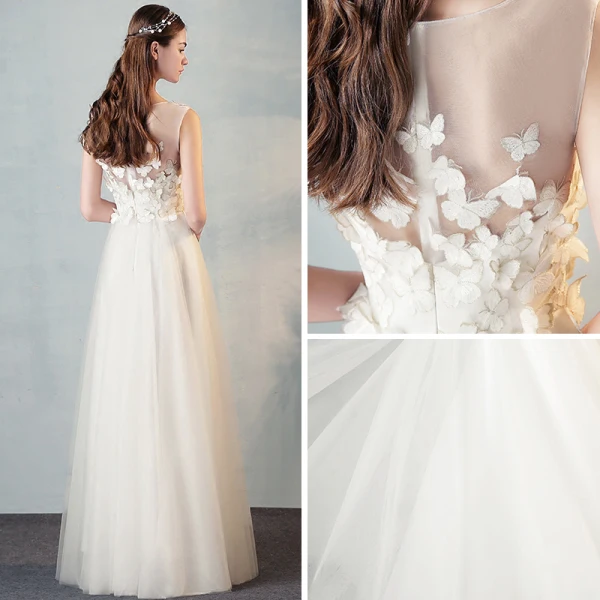 Moderne / Mode Ivoire Transparentes Robe De Soirée 2018 Princesse Encolure Dégagée 3/4 Manches Papillon Appliques En Dentelle Longue Volants Robe De Ceremonie