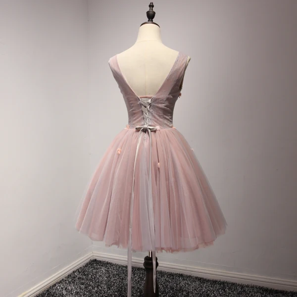 Chic / Beautiful Pearl Pink Party Dresses 2017 Cascading Ruffles Short Ball Gown Shoulders V-Neck Sleeveless Backless Pearl Appliques Flower Beading Formal Dresses