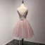 Chic / Beautiful Pearl Pink Party Dresses 2017 Cascading Ruffles Short Ball Gown Shoulders V-Neck Sleeveless Backless Pearl Appliques Flower Beading Formal Dresses