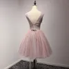 Chic / Beautiful Pearl Pink Party Dresses 2017 Cascading Ruffles Short Ball Gown Shoulders V-Neck Sleeveless Backless Pearl Appliques Flower Beading Formal Dresses