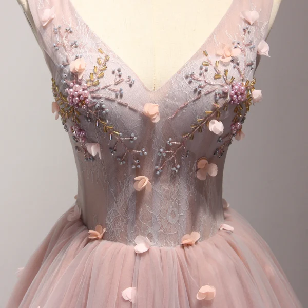 Chic / Beautiful Pearl Pink Party Dresses 2017 Cascading Ruffles Short Ball Gown Shoulders V-Neck Sleeveless Backless Pearl Appliques Flower Beading Formal Dresses