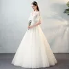 Modern / Fashion Ivory See-through Wedding Dresses 2018 A-Line / Princess V-Neck Short Sleeve Backless Beading Appliques Flower Bow Sash Ruffle Floor-Length / Long