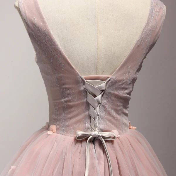 Chic / Beautiful Pearl Pink Party Dresses 2017 Cascading Ruffles Short Ball Gown Shoulders V-Neck Sleeveless Backless Pearl Appliques Flower Beading Formal Dresses