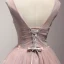 Chic / Beautiful Pearl Pink Party Dresses 2017 Cascading Ruffles Short Ball Gown Shoulders V-Neck Sleeveless Backless Pearl Appliques Flower Beading Formal Dresses
