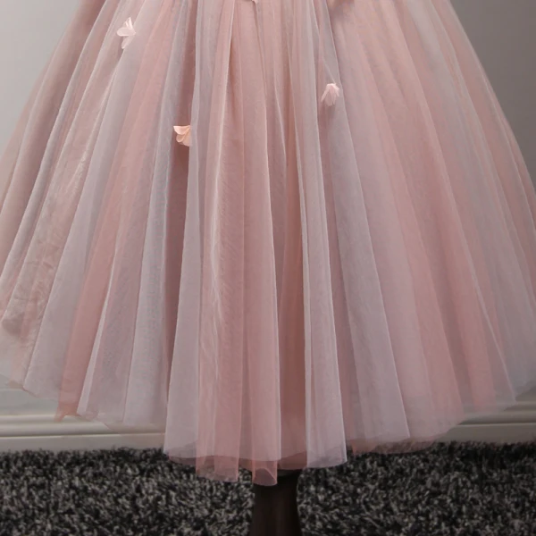 Chic / Beautiful Pearl Pink Party Dresses 2017 Cascading Ruffles Short Ball Gown Shoulders V-Neck Sleeveless Backless Pearl Appliques Flower Beading Formal Dresses