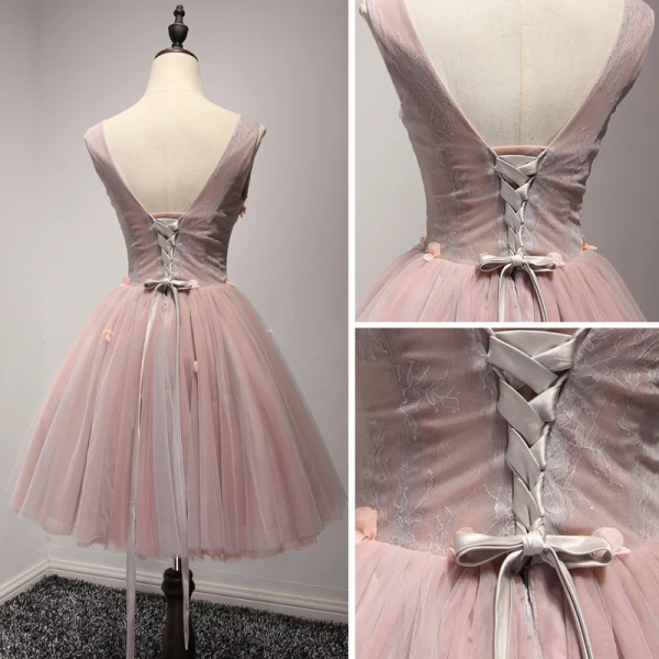 Chic / Beautiful Pearl Pink Party Dresses 2017 Cascading Ruffles Short Ball Gown Shoulders V-Neck Sleeveless Backless Pearl Appliques Flower Beading Formal Dresses