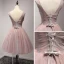 Chic / Beautiful Pearl Pink Party Dresses 2017 Cascading Ruffles Short Ball Gown Shoulders V-Neck Sleeveless Backless Pearl Appliques Flower Beading Formal Dresses