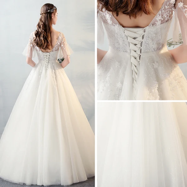 Modern / Fashion Ivory See-through Wedding Dresses 2018 A-Line / Princess V-Neck Short Sleeve Backless Beading Appliques Flower Bow Sash Ruffle Floor-Length / Long