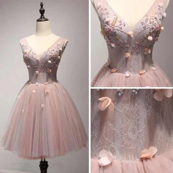 Chic / Beautiful Pearl Pink Party Dresses 2017 Cascading Ruffles Short Ball Gown Shoulders V-Neck Sleeveless Backless Pearl Appliques Flower Beading Formal Dresses