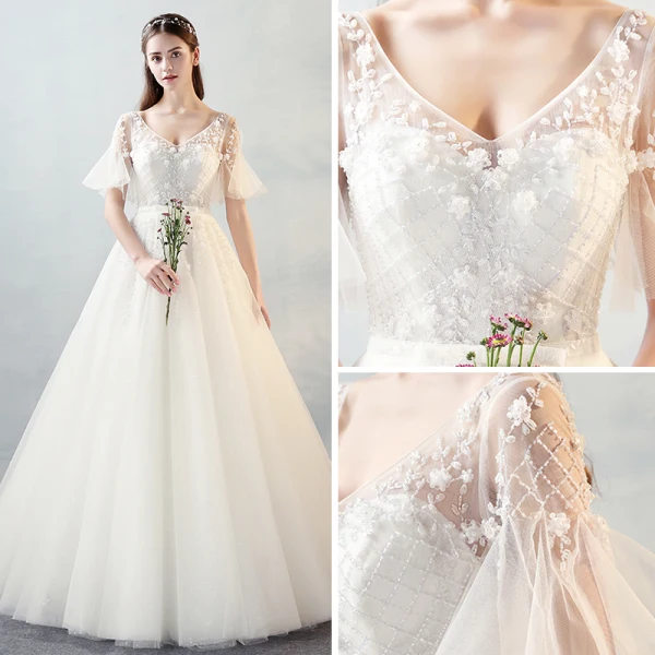 Modern / Fashion Ivory See-through Wedding Dresses 2018 A-Line / Princess V-Neck Short Sleeve Backless Beading Appliques Flower Bow Sash Ruffle Floor-Length / Long