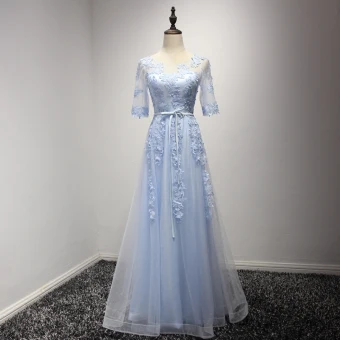 Élégant Bleu Ciel Robe De Soirée 2017 Princesse Longue Volants En Cascade Encolure Dégagée 1 2 Manches Dos Nu En Dentelle Appliques Ceinture Percé Robe De Ceremonie