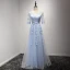 Elegant Sky Blue Evening Dresses  2017 A-Line / Princess Floor-Length / Long Cascading Ruffles Scoop Neck 1/2 Sleeves Backless Lace Appliques Sash Pierced Formal Dresses