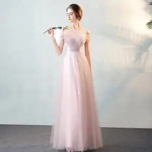 Chic Belle Rougissant Rose Transparentes Robe De Soirée 2018 Princesse Encolure Dégagée Bustier Manches Courtes Ceinture Longue Volants Robe De Ceremonie