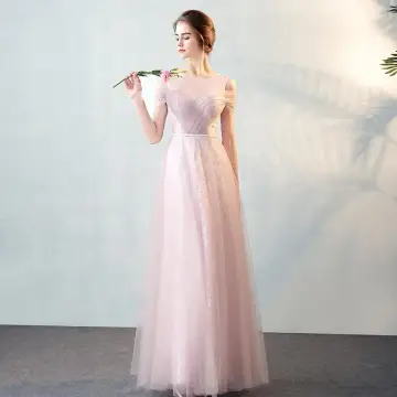 Chic Beautiful Blushing Pink See Through Evening Dresses 2018 A Line Princess Scoop Neck Strapless Short Sleeve Sash Floor Length Long Ruffle Formal Dresses