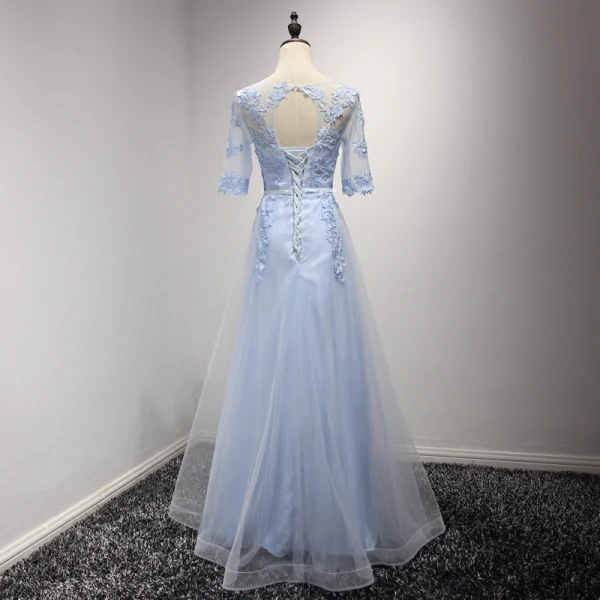 Elegant Sky Blue Evening Dresses 2017 A-Line / Princess Floor-Length / Long Cascading Ruffles Scoop Neck 1/2 Sleeves Backless Lace Appliques Sash Pierced Formal Dresses