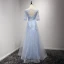 Elegant Sky Blue Evening Dresses  2017 A-Line / Princess Floor-Length / Long Cascading Ruffles Scoop Neck 1/2 Sleeves Backless Lace Appliques Sash Pierced Formal Dresses