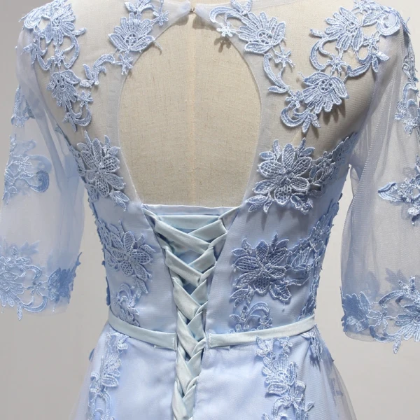 Elegant Sky Blue Evening Dresses 2017 A-Line / Princess Floor-Length / Long Cascading Ruffles Scoop Neck 1/2 Sleeves Backless Lace Appliques Sash Pierced Formal Dresses