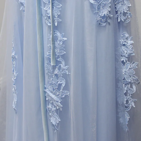 Elegant Sky Blue Evening Dresses 2017 A-Line / Princess Floor-Length / Long Cascading Ruffles Scoop Neck 1/2 Sleeves Backless Lace Appliques Sash Pierced Formal Dresses