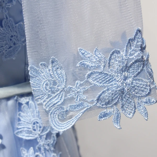 Elegant Sky Blue Evening Dresses 2017 A-Line / Princess Floor-Length / Long Cascading Ruffles Scoop Neck 1/2 Sleeves Backless Lace Appliques Sash Pierced Formal Dresses