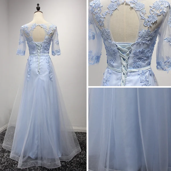 Elegant Sky Blue Evening Dresses 2017 A-Line / Princess Floor-Length / Long Cascading Ruffles Scoop Neck 1/2 Sleeves Backless Lace Appliques Sash Pierced Formal Dresses