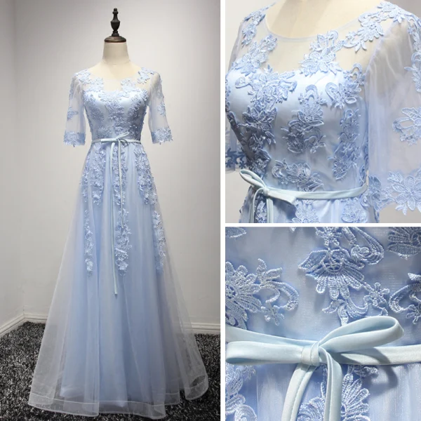 Elegant Sky Blue Evening Dresses 2017 A-Line / Princess Floor-Length / Long Cascading Ruffles Scoop Neck 1/2 Sleeves Backless Lace Appliques Sash Pierced Formal Dresses