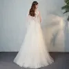 Chic / Beautiful Ivory Beach Pierced Wedding Dresses 2018 A-Line / Princess Scoop Neck 1/2 Sleeves Backless Butterfly Appliques Lace Floor-Length / Long Ruffle