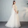Chic / Beautiful Ivory Beach Pierced Wedding Dresses 2018 A-Line / Princess Scoop Neck 1/2 Sleeves Backless Butterfly Appliques Lace Floor-Length / Long Ruffle