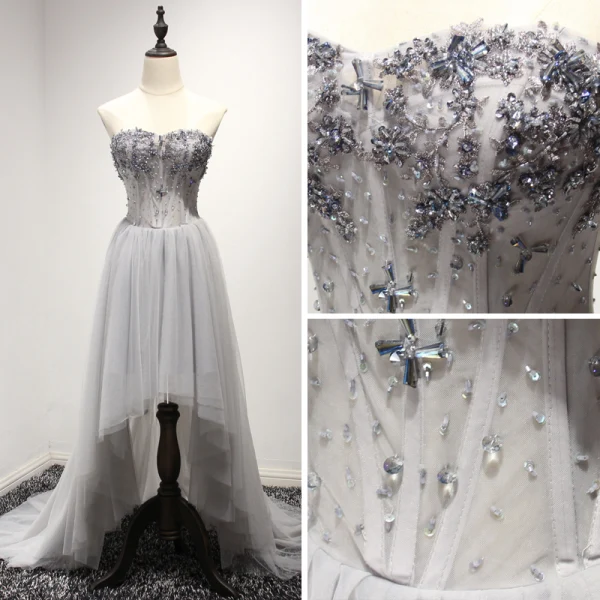 Fine Grå Cocktailkjoler 2017 Prinsesse Asymmetrisk Gripende Ruffles Kjæreste Uten Ermer Ryggløse Beading Krystall Paljetter Glitter Formelle Kjoler