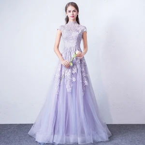 Elegant Lavender Evening Dresses 2018 A Line Princess High Neck Cap Sleeves Appliques Lace Sweep Train Ruffle Formal Dresses