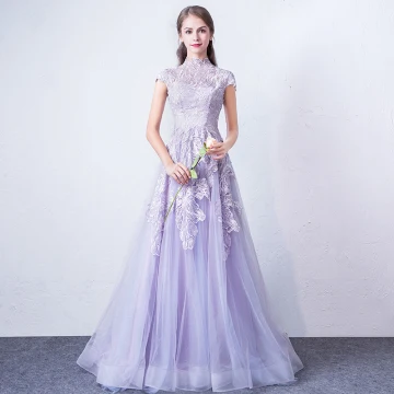 Elegant Lavender Evening Dresses 2018 A Line Princess High Neck Cap Sleeves Appliques Lace Sweep Train Ruffle Formal Dresses