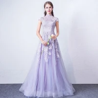 Élégant Lavande Robe De Soirée 2018 Princesse Col Haut Mancherons Appliques En Dentelle Train De Balayage Volants Robe De Ceremonie