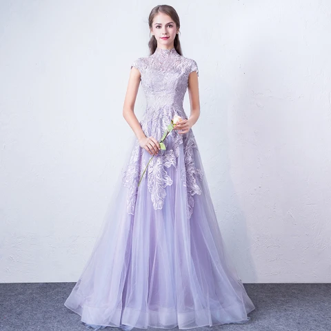 Elegante Lavendel Abendkleider 2018 A Linie Stehkragen Ärmel Applikationen Spitze Sweep / Pinsel Zug Rüschen Festliche Kleider