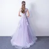 Elegant Lavender Evening Dresses  2018 A-Line / Princess High Neck Cap Sleeves Appliques Lace Sweep Train Ruffle Formal Dresses