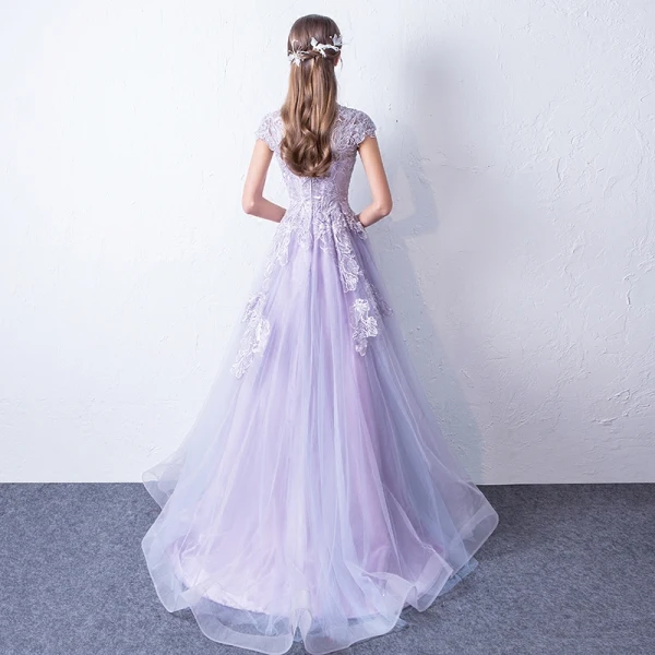 Elegant Lavender Evening Dresses 2018 A-Line / Princess High Neck Cap  Sleeves Appliques Lace Sweep Train Ruffle Formal Dresses