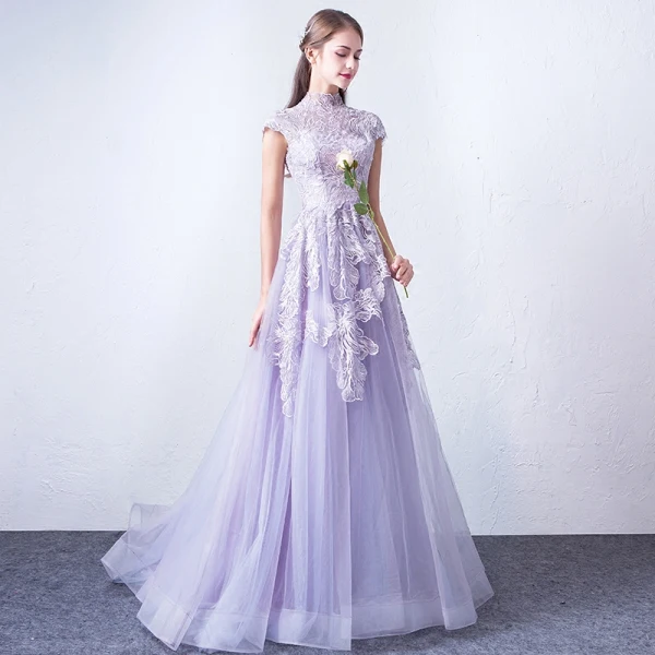 Élégant Lavande Robe De Soirée 2018 Princesse Col Haut Mancherons Appliques En Dentelle Train De Balayage Volants Robe De Ceremonie