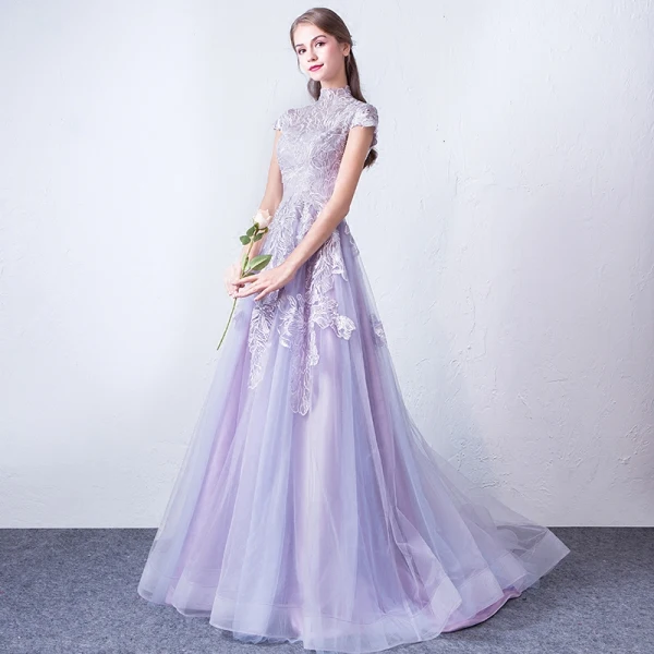 Élégant Lavande Robe De Soirée 2018 Princesse Col Haut Mancherons Appliques En Dentelle Train De Balayage Volants Robe De Ceremonie