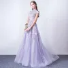 Elegant Lavender Evening Dresses  2018 A-Line / Princess High Neck Cap Sleeves Appliques Lace Sweep Train Ruffle Formal Dresses