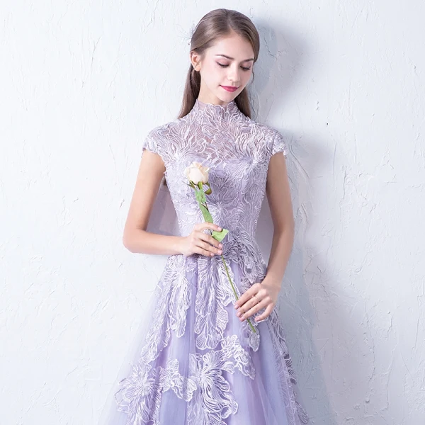 Élégant Lavande Robe De Soirée 2018 Princesse Col Haut Mancherons Appliques En Dentelle Train De Balayage Volants Robe De Ceremonie