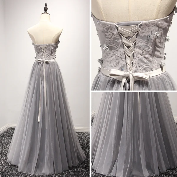 Fine Grå Selskapskjoler 2017 Prinsesse Lange Gripende Ruffles Kjæreste Uten Ermer Ryggløse Krystall Beading Perle Rhinestone Appliques Blomst Formelle Kjoler