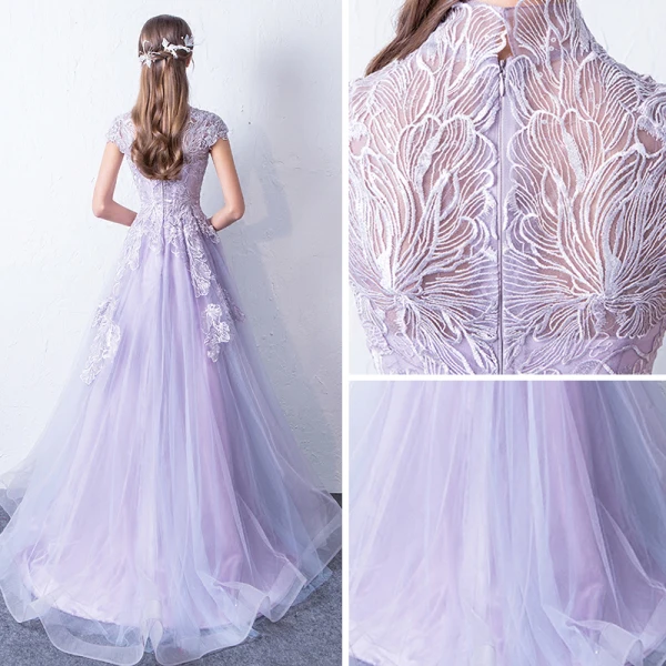 Élégant Lavande Robe De Soirée 2018 Princesse Col Haut Mancherons Appliques En Dentelle Train De Balayage Volants Robe De Ceremonie