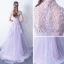Élégant Lavande Robe De Soirée 2018 Princesse Col Haut Mancherons Appliques En Dentelle Train De Balayage Volants Robe De Ceremonie
