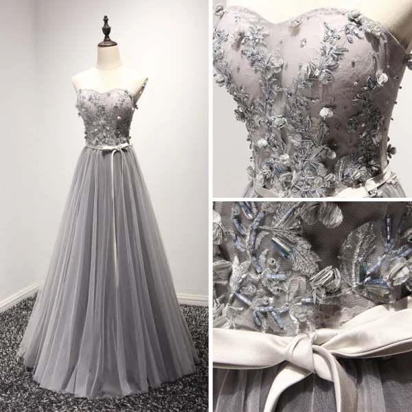 Fine Grå Selskapskjoler 2017 Prinsesse Lange Gripende Ruffles Kjæreste Uten Ermer Ryggløse Krystall Beading Perle Rhinestone Appliques Blomst Formelle Kjoler