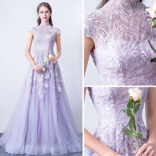 Élégant Lavande Robe De Soirée 2018 Princesse Col Haut Mancherons Appliques En Dentelle Train De Balayage Volants Robe De Ceremonie